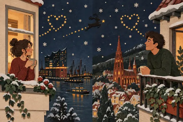 Papiercollage: Ein Paar an zwei Fenstern in zwei Städten, über beiden ein Herz aus Sternen, ein Rentier zieht über den Himmel.