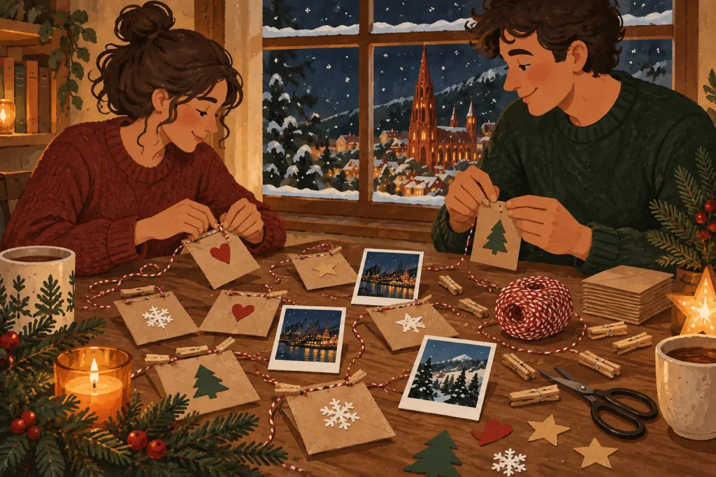 Kleine Papierumschläge und Fotos für einen selbst gebastelten Adventskalender