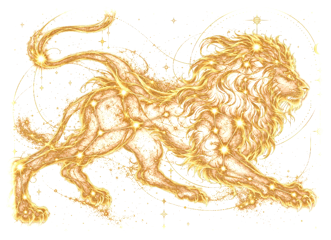Goldenes Sternbild des Löwen, darüber die Sterne und Linien des Sternbilds